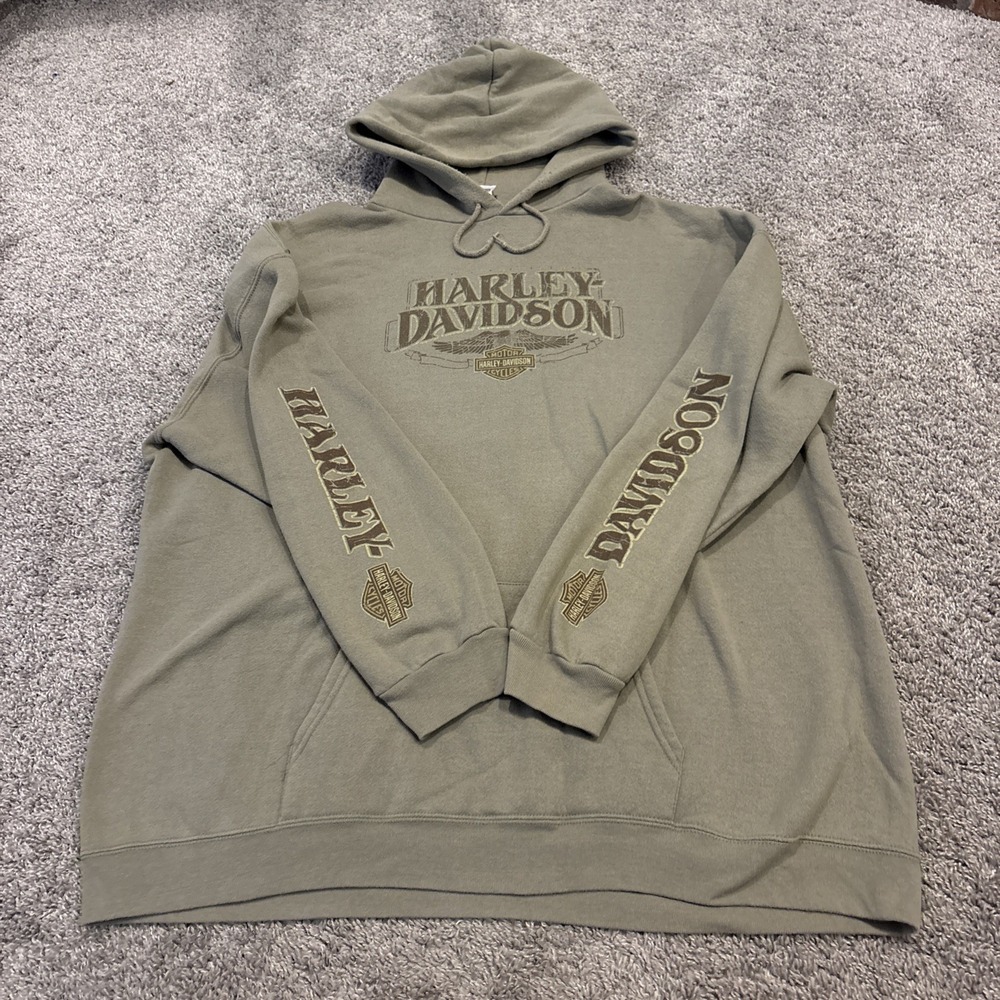 Vintage Harley Davidson Men's 3XL Green Sleeve Hit Logo Hoodie Sweatshirt XXL